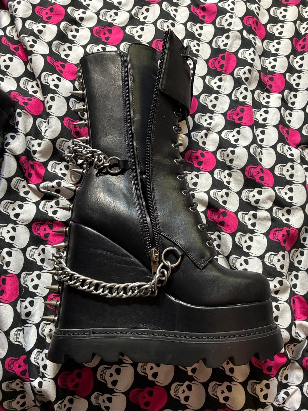Spike calf high wedge heel skull lace up boots - Picture 2 of 3